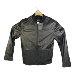 NWT T Alexander Wang Black Lambskin Leather Polyester Full Zip Bomber Jacket S